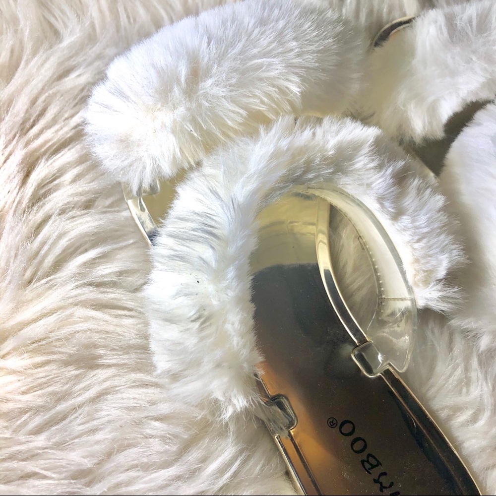 White Fuzzy Faux Fur Two Strap Slides Slippers - image 5